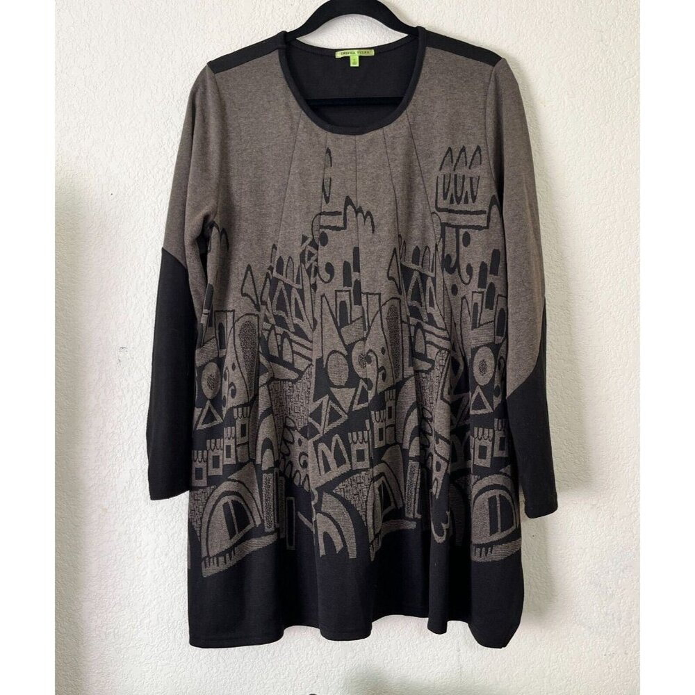 Trisha Tyler Womens Large Black Brown Novelty Print Tunic Top A-Line Long Sleeve